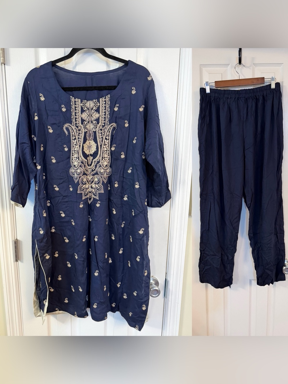 Pakistani Navy Gold Embroidered Kurta & Pants 2 Piece Set Plus Size